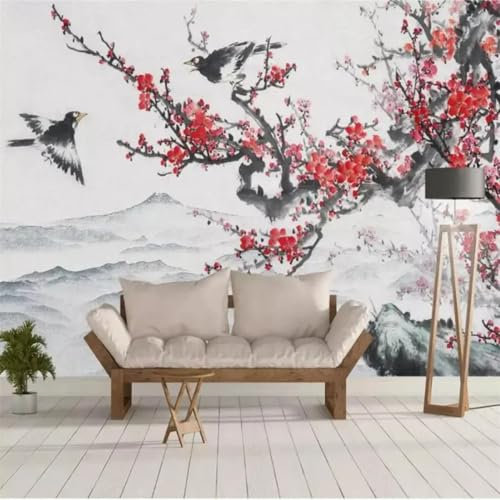 Kitquiver 3D Red Plum Ink Painting 3D Wallpaper Oriental Flowers 3D Photo Wallpaper Mural Living Room Bedroom Ceiling Background Decoration Painting 300x210cm