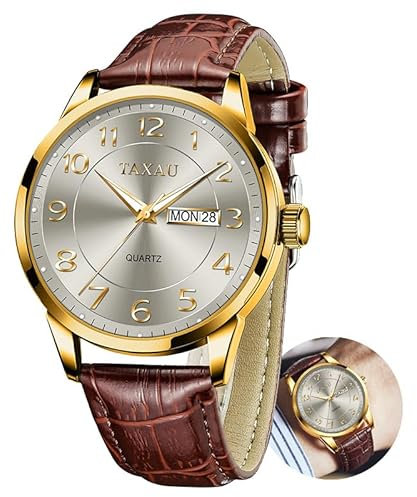 Taxau Business Freizeit Herren Uhren Luxus Herren Armbanduhr Mit Leuchtendem Display Männer Uhr Mit Datums Und Tagesanzeige Herrenuhr Braunes Armband Graues Zifferblatt