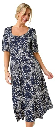 Roman Petite Abstract Midi Dress for Women UK - Ladies Everyday Autumn Winter Round Neckline Comfy Soft Evening Vacation Work Party Night Out - Petite Navy - Size 12