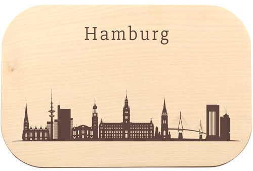 Hamburg Skyline Brotzeitbrett mit Gravur - Brettchen aus Ahorn Holz für Hamburger und Hansestadt Fans, Souvenir, Geschenk, zu Geburtstag, Urlaub, Weihnachten