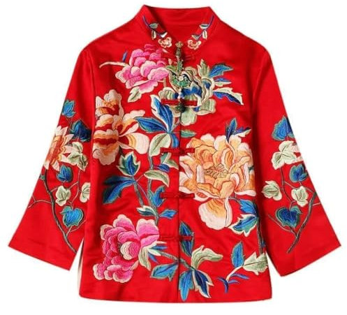 GZKDKZB Veste de Style Chinois pour Femme - Chemisier brodé Chemisier Chinois brodé rétro de Style Ethnique Veste pour Femme Manteau à épaules Droites Vêtements Traditionnels Chinois