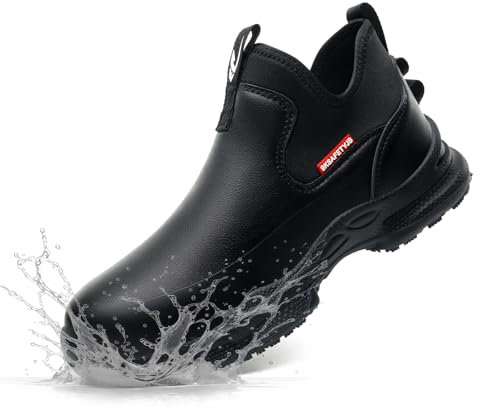 Zapatos Antideslizantes Hombre Mujer Zapatillas de Cocina Impermeable Zapatos de Trabajo Comodo Calzado de Chef Hostelería Sanitario Zapatos Sin Cordones, Negro, 44 EU