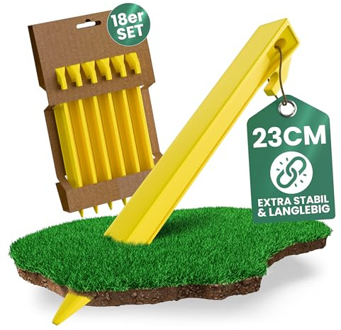 18 Stück Zelt-Heringe 23 cm – Extra stabile Erdnägel aus ABS-Kunststoff – Gelb & gut sichtbar – Für Zelt, Pavillon, Vorzelt & Camping – Ideal für weiche, Harte & sandige Böden