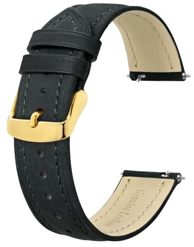 BISONSTRAP Extra Lange Armband 18mm, Leder Uhrenarmband für Herren, XL Ersatzarmband für Große Handgelenke, Schwarz (Goldene Schnalle)
