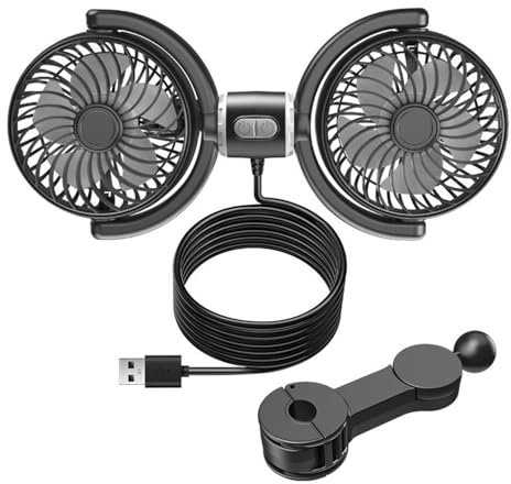 Genérico Ventilador de coche de 12 V con doble cabeza, ventilador de vehículo USB portátil, refrigeración silenciosa, ventilador para asiento trasero, 3 velocidades, rotación de 360 ° para niños