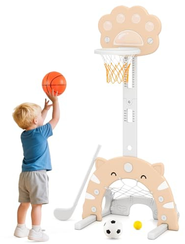 COSTWAY 3 in 1 Kinder Basketballkorb, Basketballständer mit Basketball & Fußball & Golfspiel, Indoor Outdoor Basketballspiel mit Verstellbarer Höhe & faltbarem Korb, für Kinder ab 3 Jahren (Mokka)