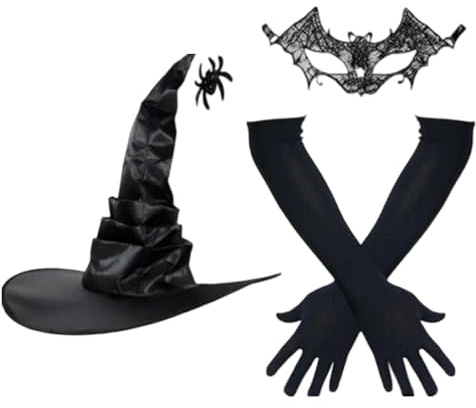 Ahuuen Witch Hat and Gloves - Fancy Dress Witch Caps - Wide Brim Hat Costume Gloves Carnival Accessories for Women Adults Halloween Party Cosplay Masquerade Photo Props