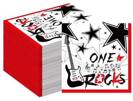 Gleemix 20 Stück Servietten Schwarz Rot, 33x33 cm Rock Servietten mit Gitarre, Rock n Roll Deko, Music Themed Napkins für Geburtstag Party Dekorationen