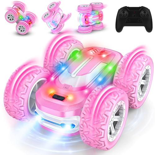 Coche Teledirigido Niña, Carro Telecomandado Coches Acrobatico Juguete Niñas 8-12 años,Coche Radiocontrol con Bateria, Rotación 360° y Luz,Rosa RC remote Car Cumpleaños Navidad Regalo para Niñas Niños