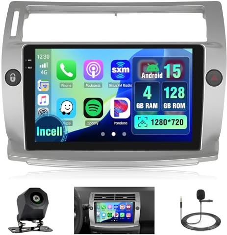Hikity 4+128G 9 Radio Android para Citroen C4 2004-2009 C-Quatre 2008-2011 | Incell Pantalla Táctil Wireless Carplay Autoradio 2 DIN GPS Navi Bluetooth 5.0 WiFi FM/RDS Cámara Trasera EQ 4+128G