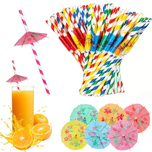 Cocktail Regenschirm Strohhalm, 100 Stück Cocktail Deko, Cock-tail Schirmchen, Papierschirm Strohhalme Bunte Trinkhalme, Cocktailschirmchen für Sommer Party Bar Zubehör Deko