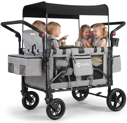 Sekey Bollerwagen für 2-4 Kinder, Kinderwagen Faltbar mit Dach 4-Kinder, Duo Schiebegriff Handwagen mit 4 integrierten 5-Punkt-Gurtsystem, 4 Sitzer Zwillingskinderwagen, SS7070 Grau
