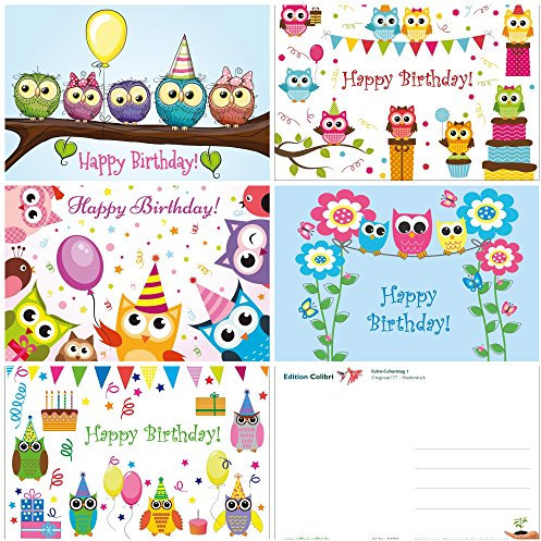 10 lustige Geburtstagskarten/Einladungskarten zum Kindergeburtstag mit witzigen Eulen von Edtion Colibri (10702-06)