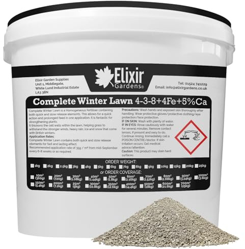 Elixir Gardens | COMPLETE WINTER LAWN Fertiliser Optimized For British Climate | Autumn and Winter Feed and Moss Treatment | 4-3-8 + 4Fe +Te | 1kg - 25kg Bags or Tubs | Treats 171sqm | 6kg Tub