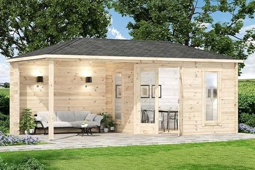 Abri de jardin pentagonal Liwa en bois de la marque Alpholz | abri de jardin et de loisirs | chalet de jardin | pentagonale, construction en madriers, cabane de jardin, toit en croupe, épaisseur de