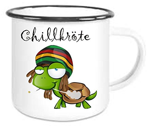 Crealuxe Emaille Tasse Chillkröte - Kaffeetasse mit Motiv, Campingtasse, bedruckte Emailletasse mit Wunschtext