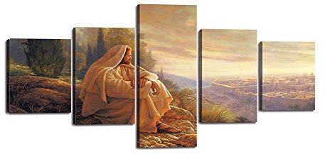 Yatsen Bridge Jesus Wandbild, Dekor, 5 Paneele, Vintage-Stil, christlicher Glaube, Leinwanddruck, Poster, Dorn, Gemälde für Wohnzimmer, Heimdekoration, gespannt fertig zum Aufhängen (127,7 x 61,1 cm)