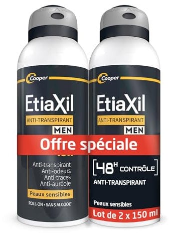 ETIAXIL Deodorant gegen Schwitzen – für Herren – mäßiges Schwitzen – Achseln – Kontrolle 48 Stunden – Aerosol – 150 ml – 2 Stück