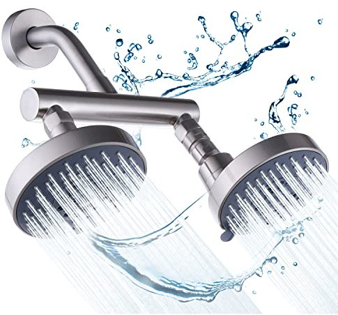 AZOS Pommeau de douche double avec vanne d'arrêt, pommeau de douche haute pression double fixe avec collecteur de sortie en laiton, pommeau de douche réglable 5 fonctions nickel brossé