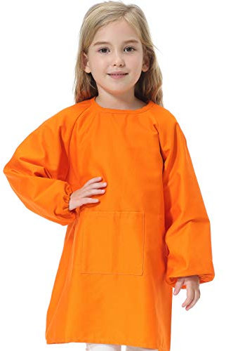 Yundxi Kids Painting Aprons 100% Cotton Children Craft Smock Long Sleeve Tollders for for School, Painting Classroom, Home, Kitchen (Orange,S)