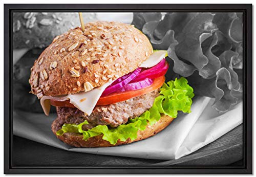 Pixxprint Gesunder Hamburger Leinwandbild 60x40 cm im Bilderahmen, Wandbild, Schattenfugenrahmen, Kein Poster