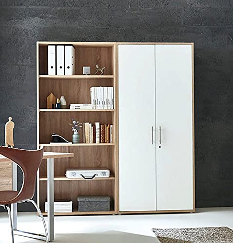 Schrankwand Office Edition abschliessbarer Aktenschrank Büroschrank Büromöbel Regal in Eiche Sonoma/Weiß Hochglanz (Set 1 Hoch)