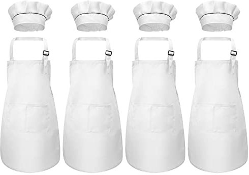 Fodlon Blanco Delantal y Gorro Cocina para Niños, Delantal de Cocina Gorro De Cocinero para Cocinar Hornear Pintura, Ajustable Infantil Delantal con 2 Bolsillos para Niñas Niñito 6-13 Años (4 Sets)
