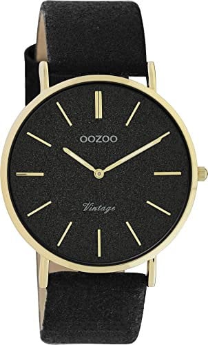 Oozoo Damen Unisex Uhr Vintage Armbanduhr mit Glitzer Lederband 40 MM Goldfarben/Schwarz/Schwarz C20164