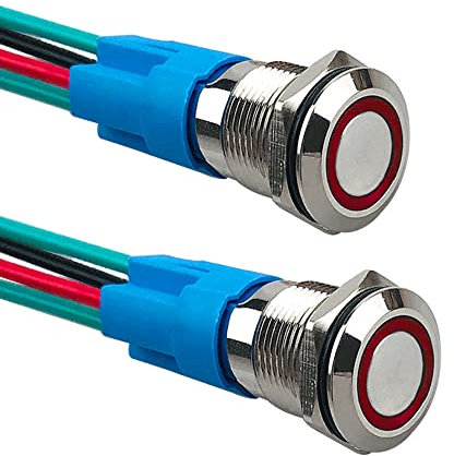 Aiqeer 2 Piezas 12 mm Interruptores de Botón Momentáneo, 12V / 24V 3A Interruptor de Botón LED Rojo, Interruptor Pulsador Metálico Impermeable, con Enchufe Precableado