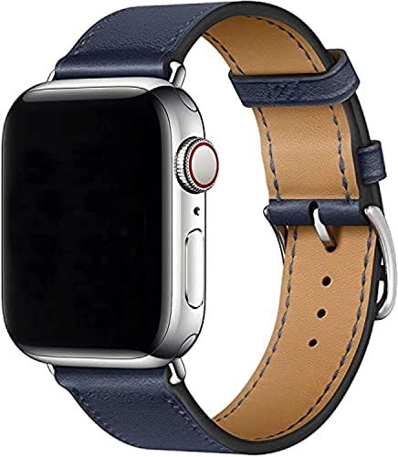 Fleshy Leaf Compatible for Apple Watch Leather Band 42/41/40/38mm Genuine Leather Strap Replacement for iWatch Band Series 11, 10, 9, 8, 7, 6, 5, 4, 3, SE (38mm/40mm/41mm, Navy blue)