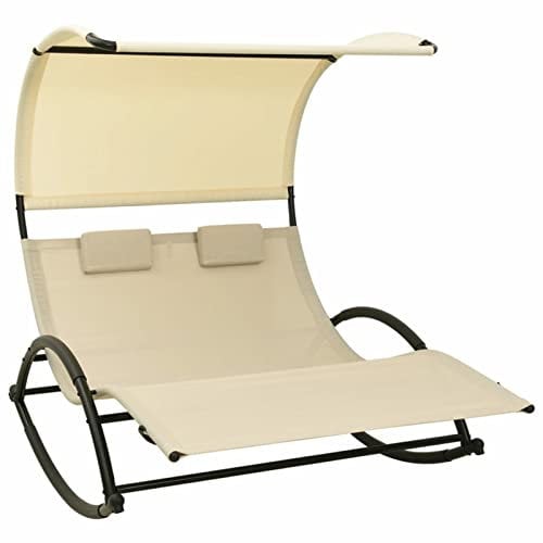 CANLAY Doppel-Sonnenliege mit Sonnendach, Gartenliege, Liegestuhl, Sonnenstuhl, Sonneninsel Outdoor, Gartenmöbel, Bäderliege, Relaxliege, Textilene Creme