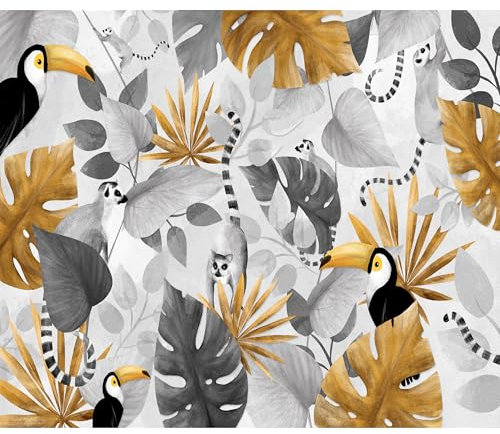 decomonkey - Papier Peint Panoramique Nature 450x315 cm - Décoration murale moderne – Tapisserie décorative pour chambre salon - Lémurien toucan plantes feuilles jungle tropical monstera