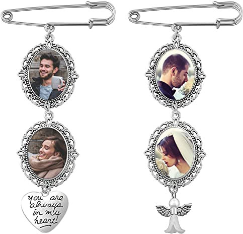 JKJF 2 Stück Brautstrauß Rohlinge Foto Anhänger Wedding Bouquet Memory Charms Doppel Ovale Glas Cabochons Lünette Tabletts Brautstrauß Brosche Pin für Hochzeits Verlobungsfeier - Stil 3