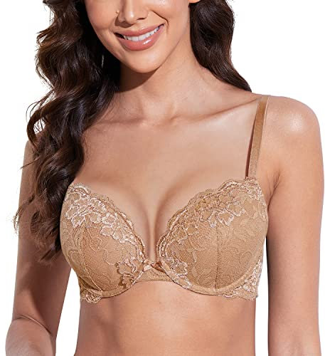Deyllo Women's Push Up Lace Bra Sexy Deep V Lift Up Bra Underwire Padded Comfort Everyday Bra(Milky Coffee,38DD)