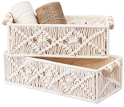 2Pcs Makramee Aufbewahrungskörbe mit hölzernen Griffen, HAOTIAN-X weiße Boho Badezimmer Dekor gewebte Körbe für Regale, handgemachte Arbeitsplatte Toilettenschrank Veranstalter Boxen für Schlafzimmer