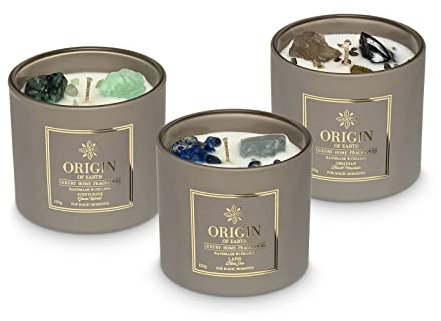 ORIGIN OF EARTH Duftkerzen im Glas (3er Set) 360g, Collection NATURE, Kerzen mit Kristallen und Edelstein, Natürliche Sojawachskerze, 60 Stunden Brenndauer, mit holzigem Wald- und reinen Meeresdüften