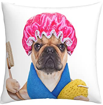 Sofakissenbezug Mops in Dusche, Samt-Überwurf, weich, quadratisch, Kissenbezug für Bett, Sofa, 45 x 45 cm