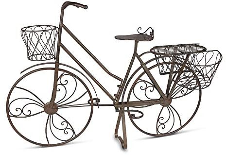 AuraHome Rustic Antique Brown Wrought Iron Outdoor Floor Standing Bike Shaped Planter Pot with 3 Baskets, 112cm x 80cm