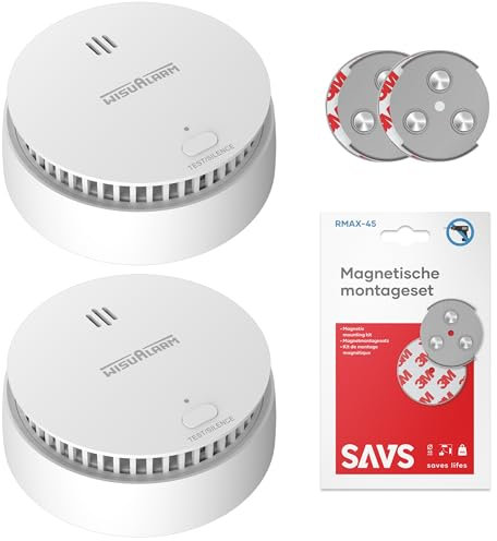 WisuAlarm SA20-A Rauchmelder 10 Jahre Batterie mit Magnethalterung 2 Stück Set - Feuermelder Brandmelder mit Test-/Stummschalt-Taste - Rauchwarnmelder EU-Norm DIN EN14604 - Inklusive Magnethalter