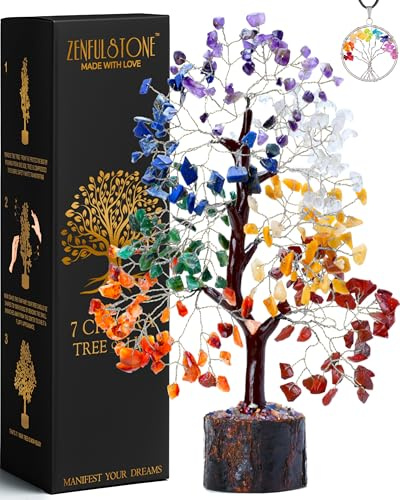 ZENFULSTONE Albero di cristallo a 7 chakra per energia positiva – meditazione e bonsai Feng Shui – Albero della vita decorativo per casa, ufficio, pietra preziosa di guarigione artificiale, regalo