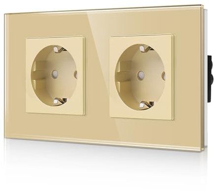 CNBINGO Enchufe doble de cristal empotrado, color dorado, enchufe Schuko doble con protección para niños, 16 amperios, enchufe de pared con contacto de seguridad y marco de cristal