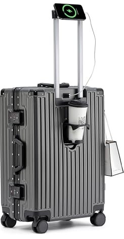 lesulety Hard Shell Suitcase Cabin Size Cheap Cabin Luggage Suitcase Medium 4 Wheels Lightweight with USB Charger Cup Holder zipperless Luggage,Grey,24in