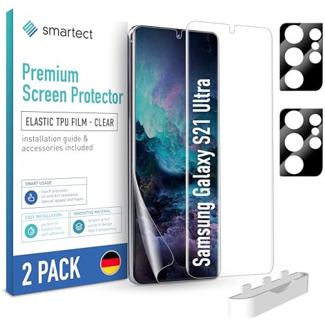 smartect TPU Schutzfolie [2 + 2 Stück] kompatibel mit Samsung Galaxy S21 Ultra, DISPLAY + KAMERA, Bedeckt das ganze Display, Bildschirmschutz Blasenfrei, Displayschutzfolie Anti Fingerabdruck