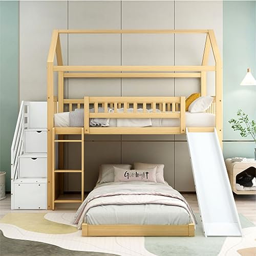 Etagenbett mit Treppe mit Leiter Treppe mit Stauraum, Hausbett mit Rutsche, Kinderbett mit Fallschutz und Gitter Rahmen aus Holz Natur+Weiß 90x200cm für Kinder