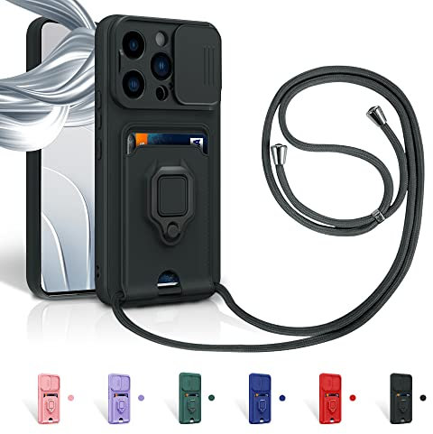Aithne Case für iPhone 15 Pro Max Handykette Hüll,Slide kameraschutz,Silikon Handyhülle zum Umhängen Kette,360 Grad Ringhalter Stand Kartenfach-Schwarz
