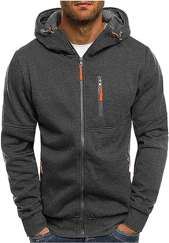 CAZOY Men Sport Coat Zip Hoodie Mens Long Sleeve Full Zipper Up Hooded Sweatshirt Pullover Jacket Sweater Jumper with Pocket for Running Workout Fitness Dark Grey UK Size 10