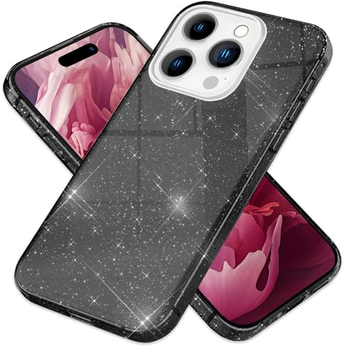 NALIA Glitzerhülle für iPhone 15 Pro - Hülle, Schwarz | Partikel fest im Material eingeschlossen, 3-Schicht-Schutzaufbau mit Hardcase-Kern, Erhöhter Kamerarand, SHINEPOP