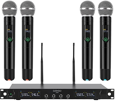GUDEHOLO 4-Channel Wireless Microphone System, Quad UHF Metal Cordless Mic, 4x25 Channels, Professional Cordless Mic System for Church, DJ, Karaoke,Wedding, Home KTV Set