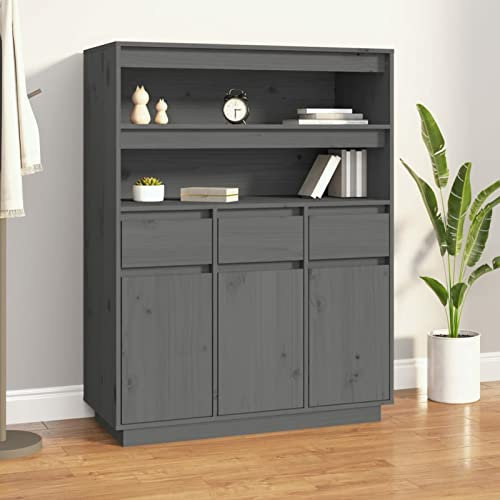 heybb Highboard Grau 89x40x116,5 cm Highboard Wohnzimmer Esszimmerschrank Wohnzimmer SchräNke Highboard Vintage Buffetschrank Massivholz Kiefer
