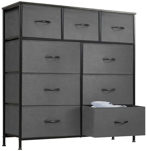 DUMOS Antonia Kommode für Schlafzimmer mit 9 Stoffschubladen, hohe Kommode Organizer für Kleidung, Schrank, Kinderzimmer, Aufbewahrungsturm mit Schrank, Metallrahmen, Holzplatte